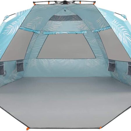 XL Beach Tent 4-6 Person Popup Sun Shelter 99" Wide for Family UPF 50+ Double Silver Coated with Extended Zippered Porch Palm Tree Leaves