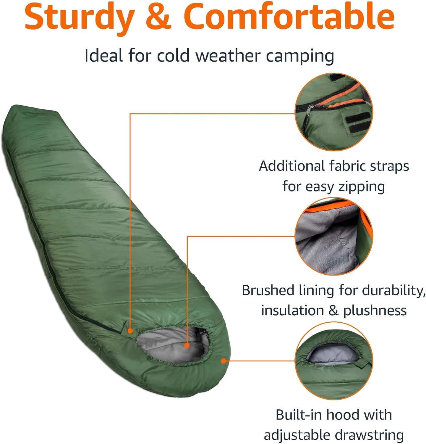 20°F Cold Weather Mummy Sleeping Bag, 82 Inches x 33 Inches, Olive Green - Image 2