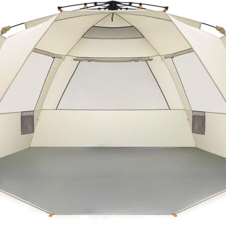 Beach Tent Easy Up 99" Wide for 4-6 Person Sun Shelter - Extended Zippered Porch Included Beige